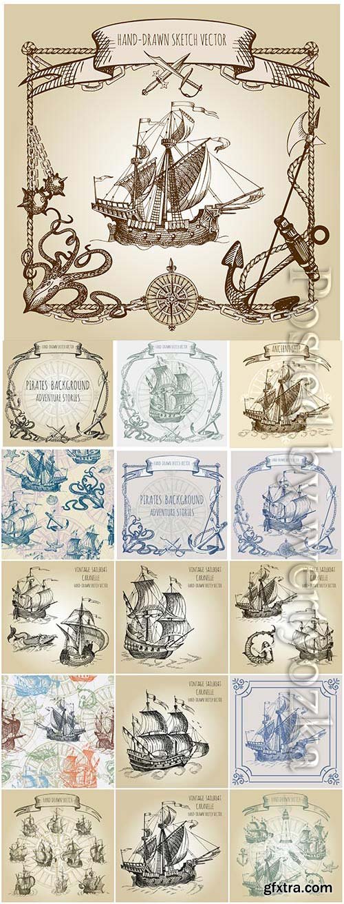 Ships in retro style in vector