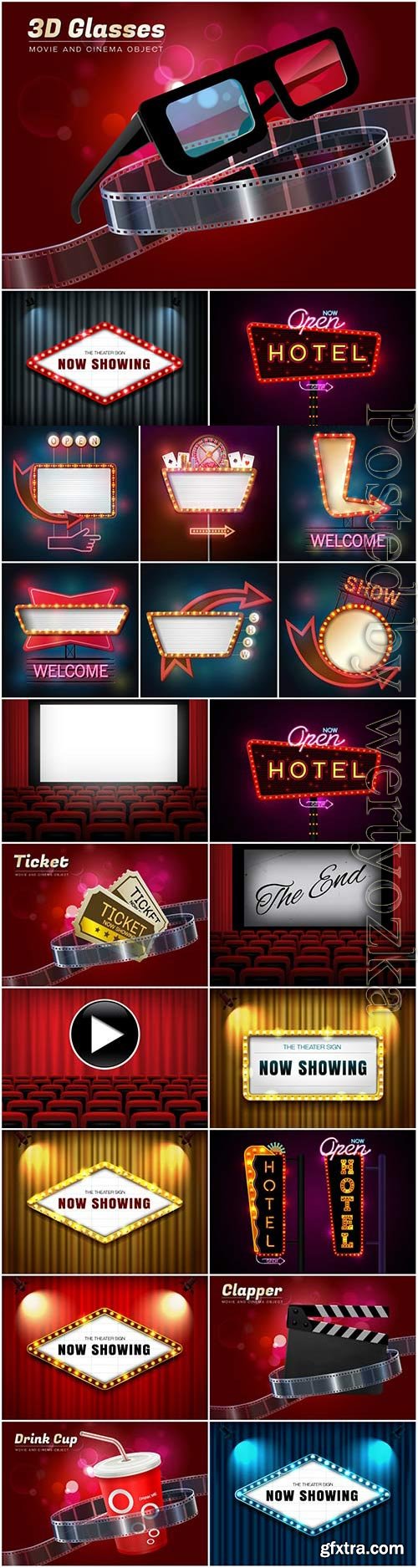 Glowing signs and cinema elements in vector Glowing signs and cinema elements in vector
