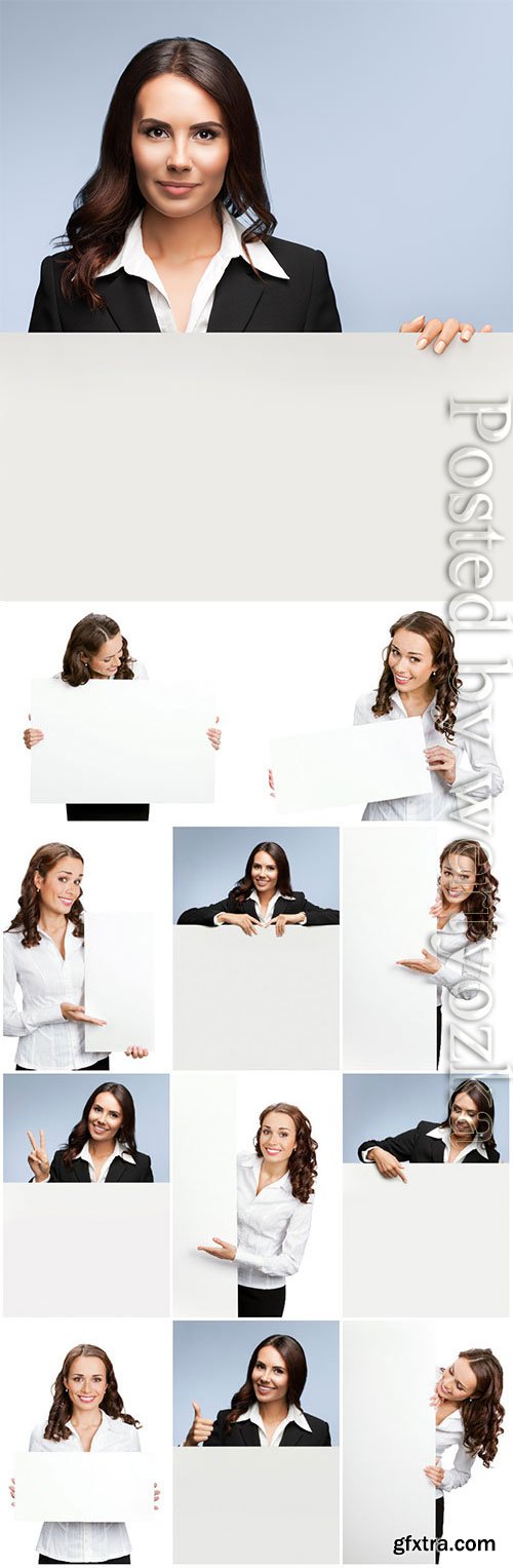 Young business women holding placards stock photo Young business women holding placards stock photo