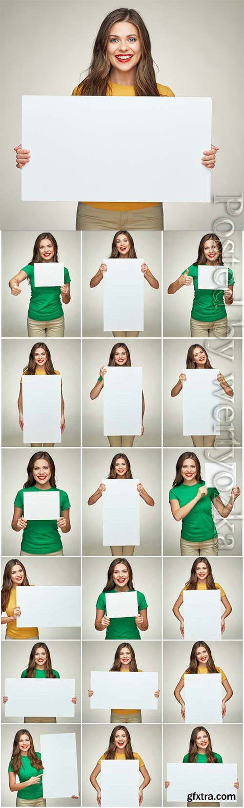 Smiling girl holding white placard stock photo Smiling girl holding white placard stock photo
