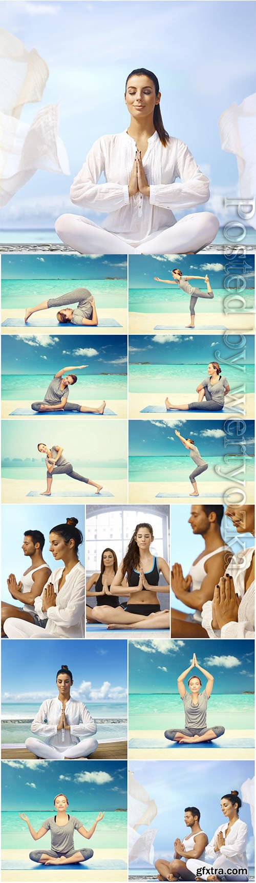 Men and women doing yoga by the sea stock photo Men and women doing yoga by the sea stock photo