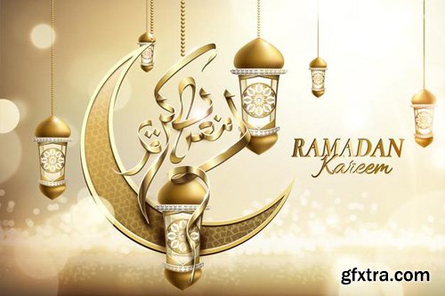 Ramadan kareem vector poster with arabic calligraphy and glossy crescent Ramadan kareem vector poster with arabic calligraphy and glossy crescent