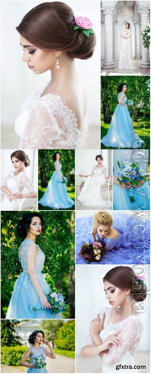 Lovely brides in luxury wedding dresses stock photo