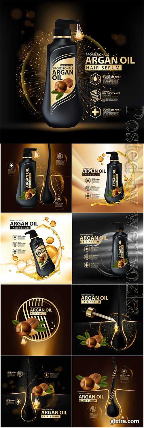 Argan oil hair serum posters in vector Argan oil hair serum posters in vector