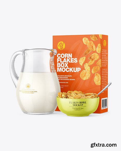Glass Milk Jug and Bowl with Corn Flakes mockup 86588
