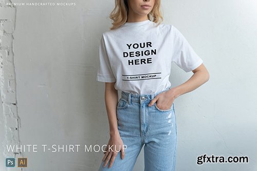 White T-Shirt on Person Mockup White Background JKNC3BM