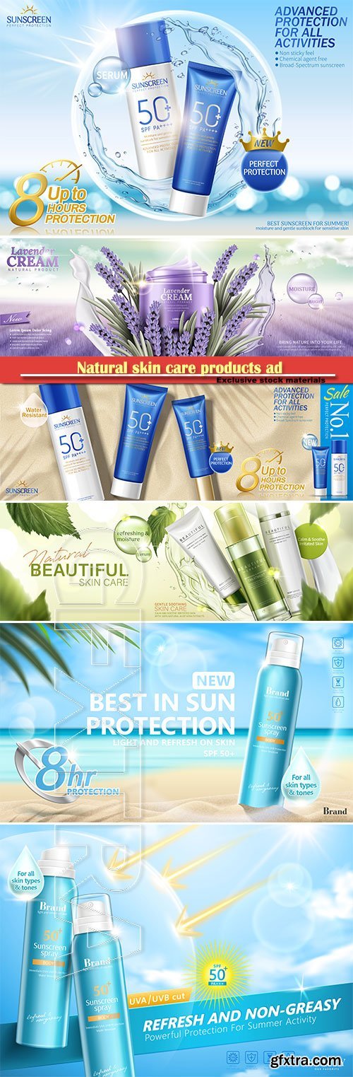 Natural skin care products ad, sunscreen spray in 3d vector illustration, summer advertising