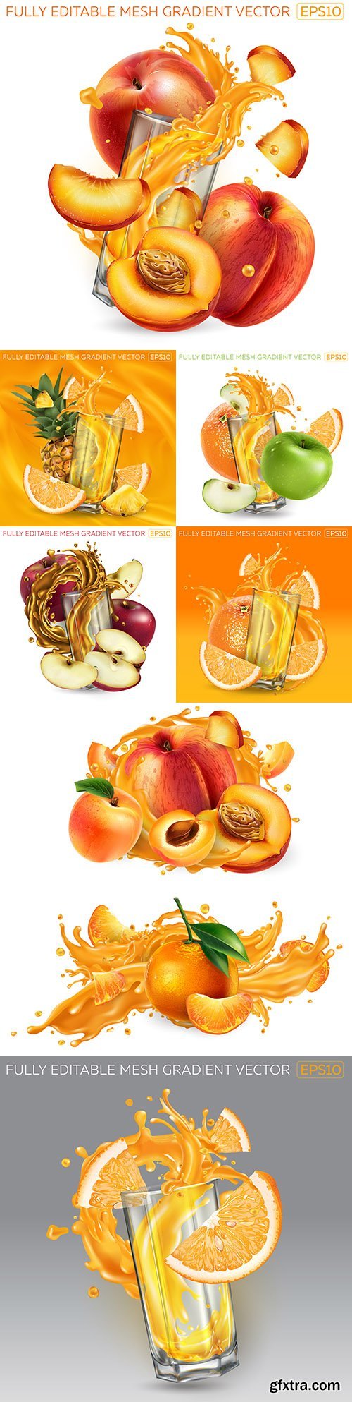 Whole fruit and bulls fruit juice realistic illustrations