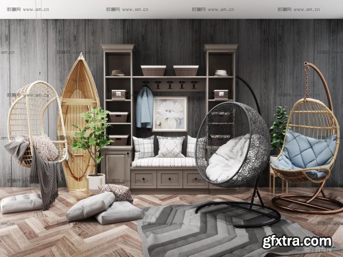 Rattan chair hanging chair wooden boat combination 3d model