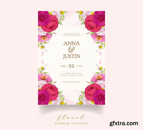 Elegant wedding invitations with dark pink watercolor flowers