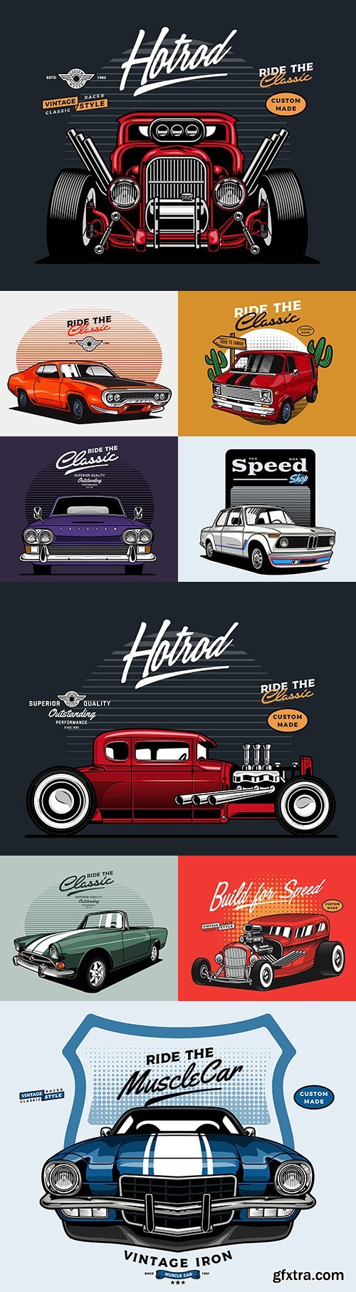 Retro car brand collection illustrations