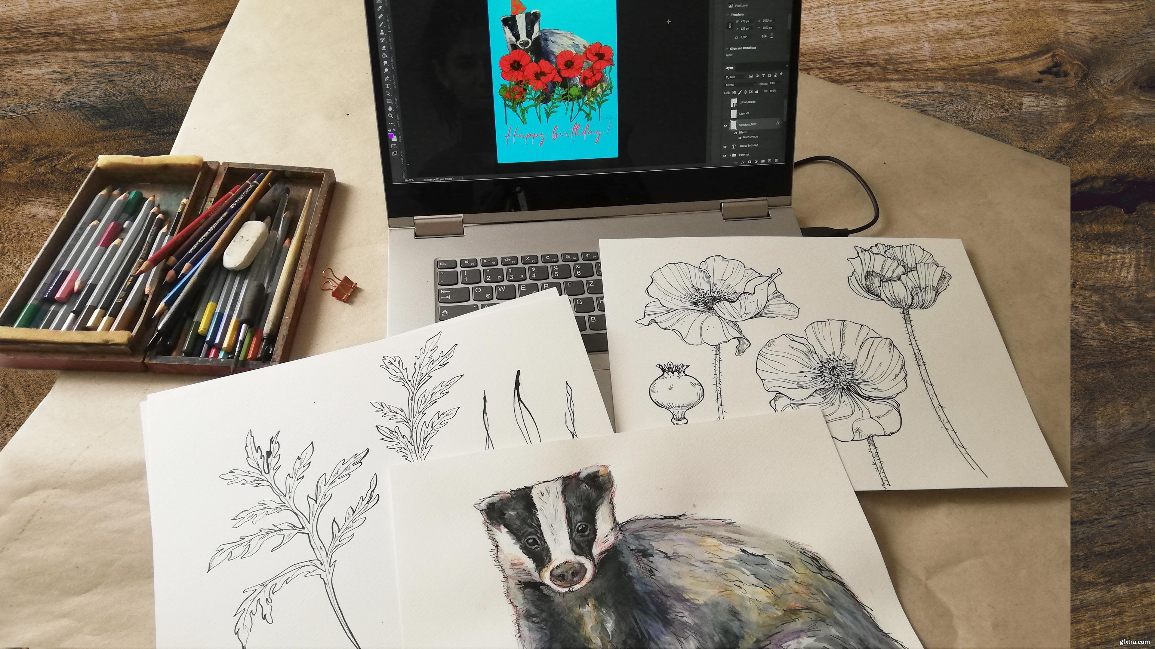 Mixed Media Nature Illustration Fusing Pencils, Paint & » GFxtra