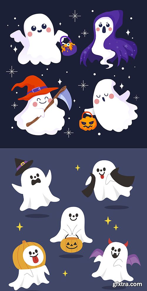 Hand-drawn flat halloween ghosts collection