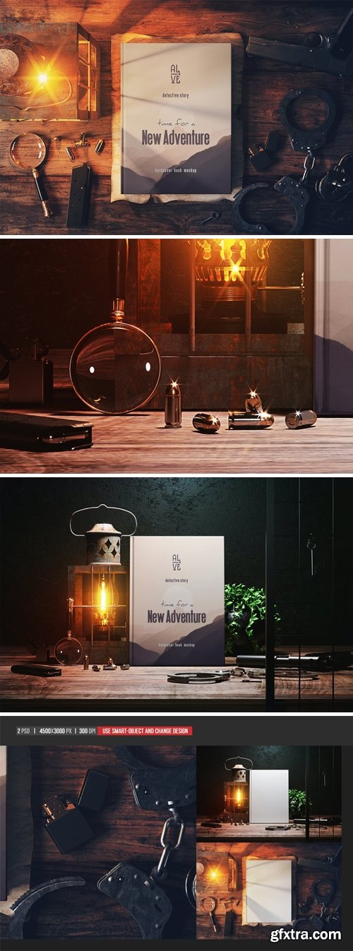 Hardcover Book With Vintage Detective Items Mockup