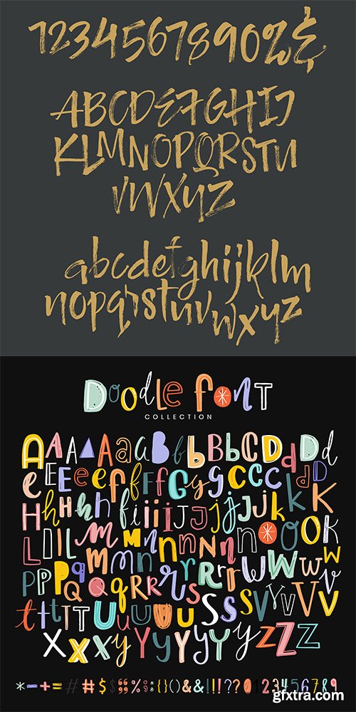Alphabets punctuations numbers doodle typography set
