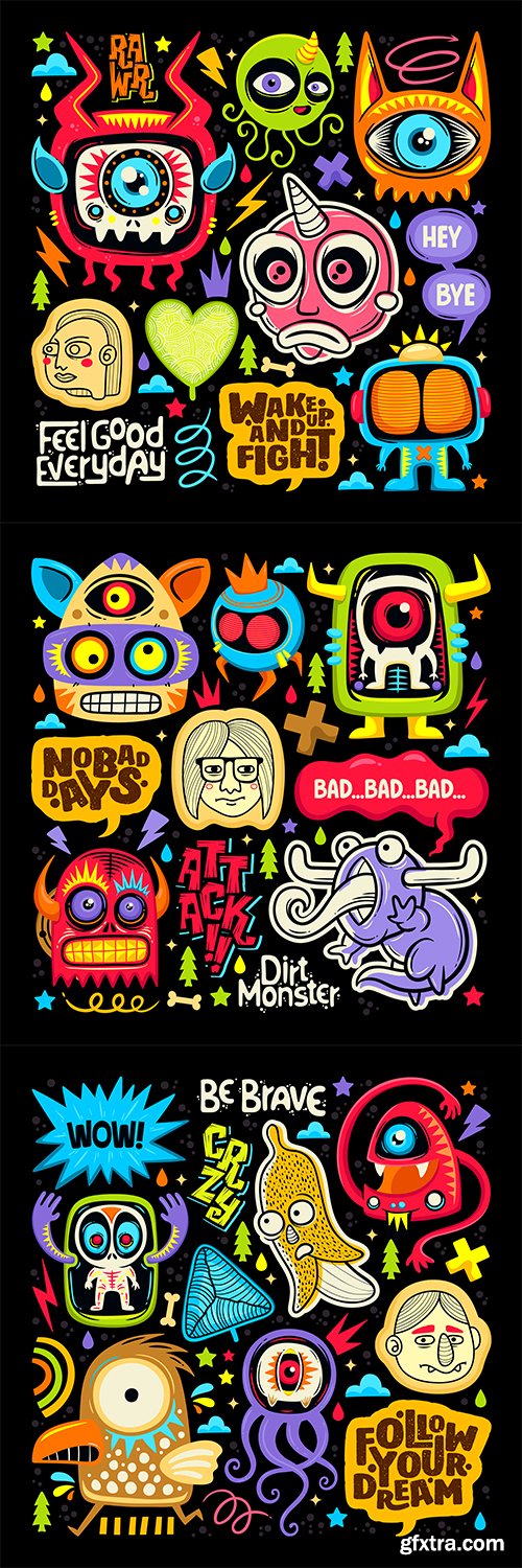 Doodle cute monster sticker coloring vector 
