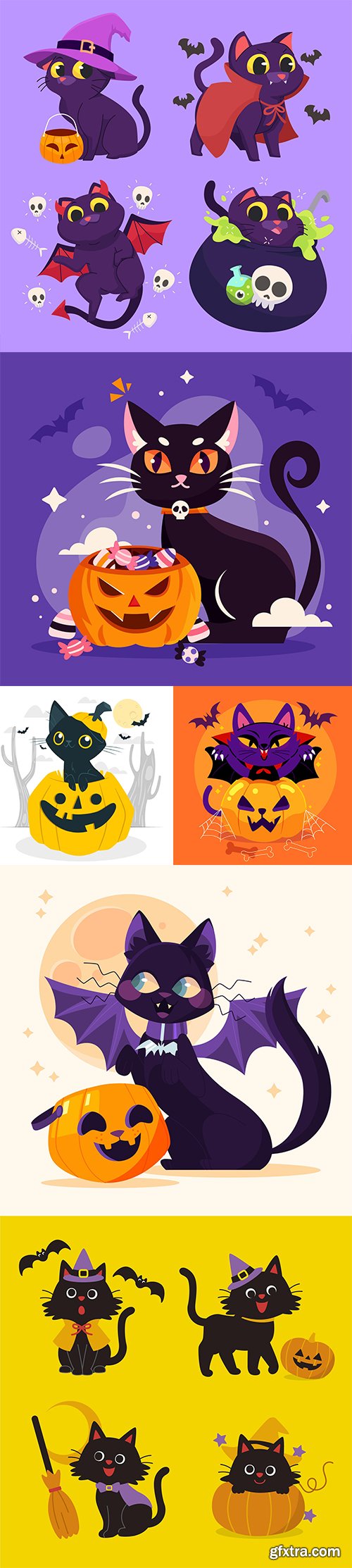 Hand-drawn flat halloween cats illustrations vol 2