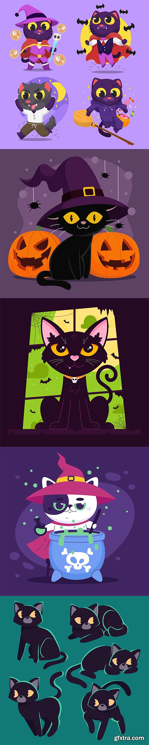 Hand-drawn flat halloween cats illustrations vol 3