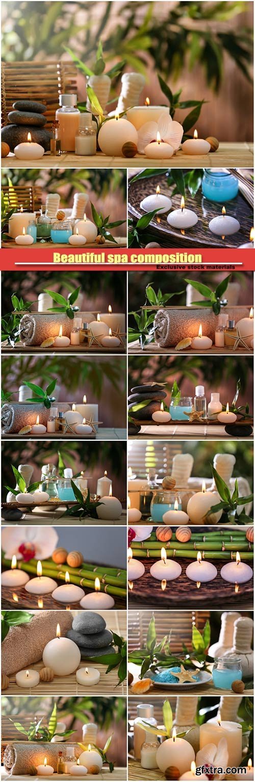 Beautiful spa composition on bamboo mat, candles on wooden plate