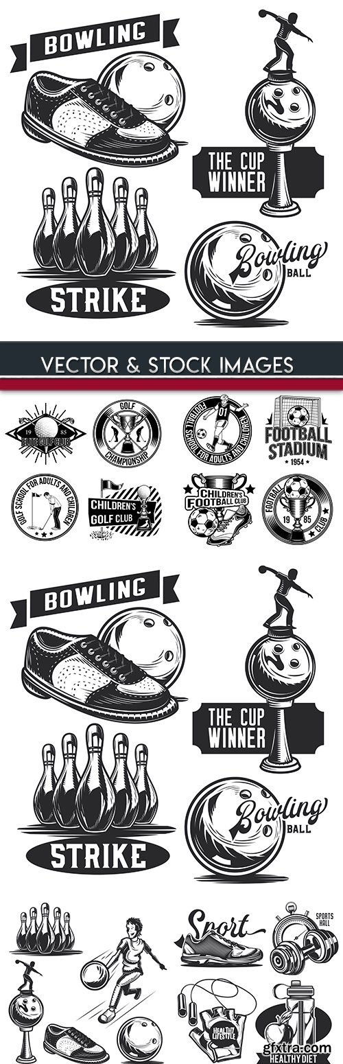 Bowling and sports equipment drawn banner design