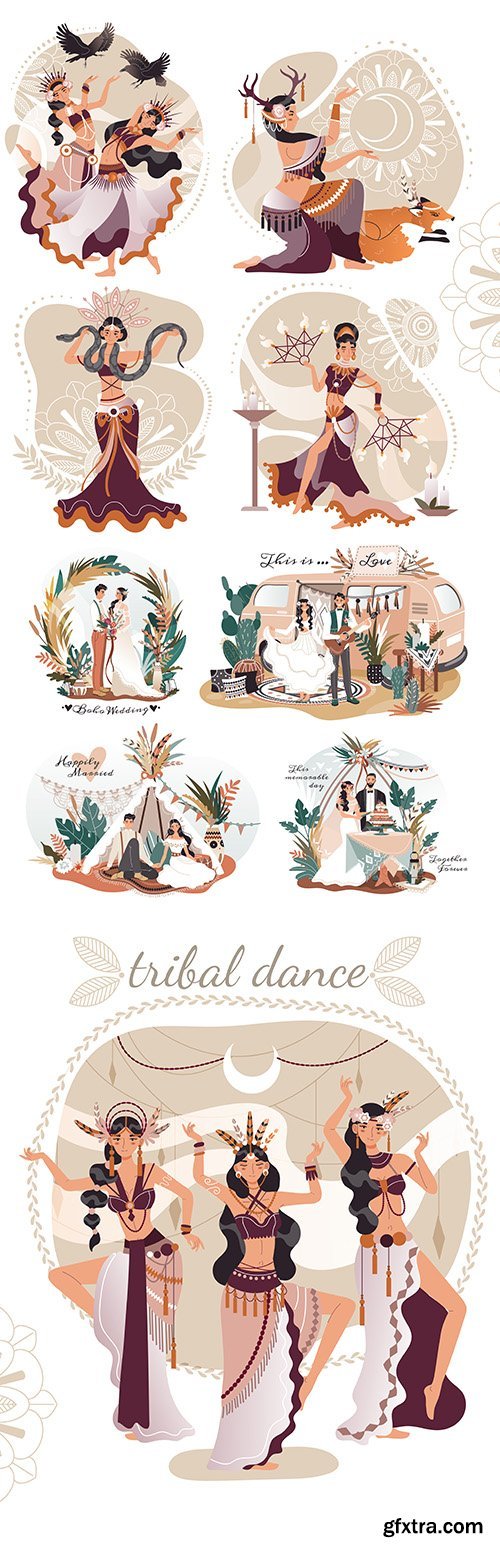 Boho-style wedding and beautiful female ritual dancing illustration