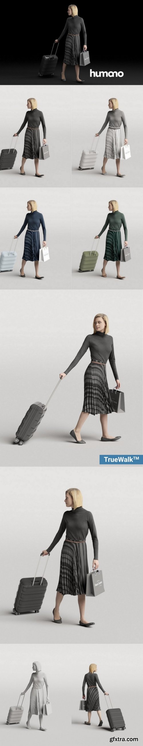 Humano Elegant Woman in skirt Walking with a suitcase 0309 3D model