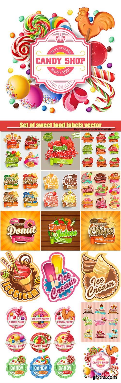 Set of sweet food labels vector illustration for cafe and restaurant menu