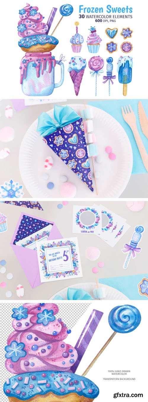 Frozen Sweets - 30 Watercolor Elements Frozen Sweets - 30 Watercolor Elements