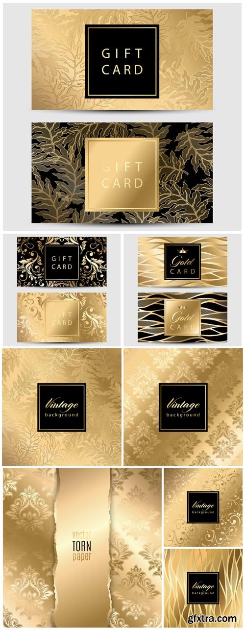Gold backgrounds and cards with patterns, vector illustration