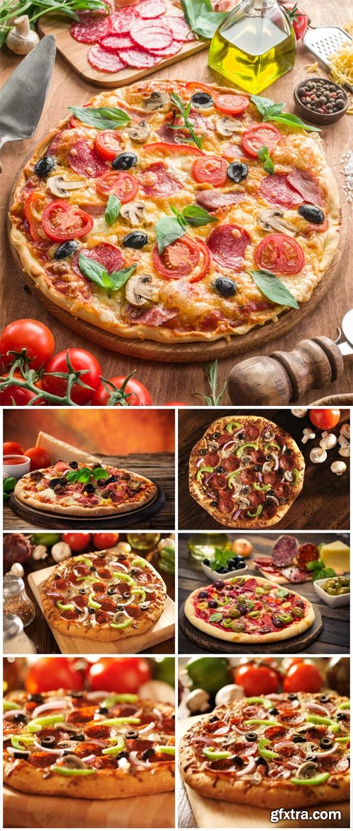 Pizza with tomatoes, olives and salami