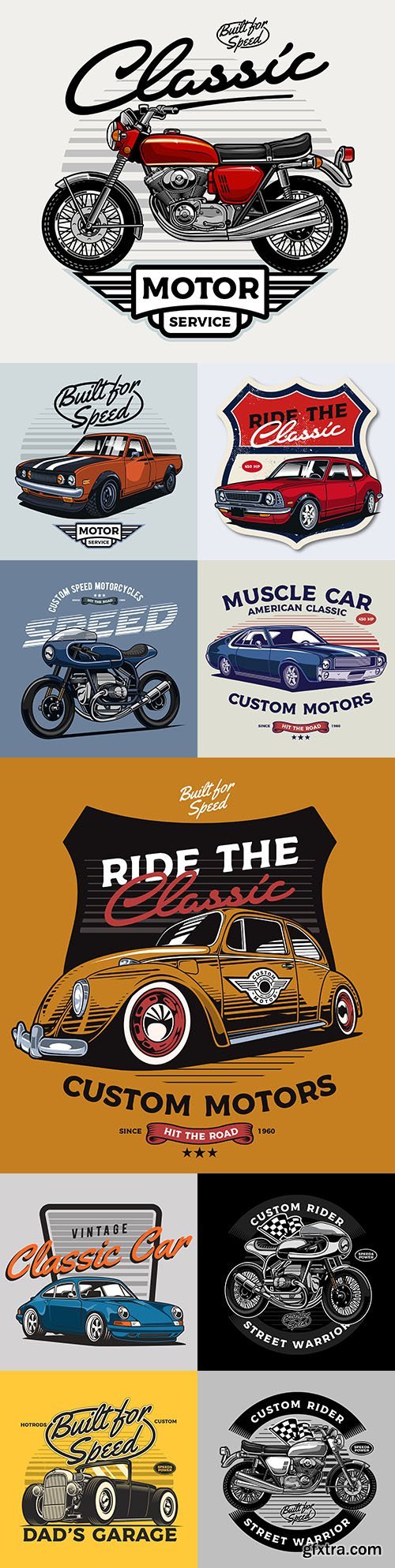 Classic Car and Vintage Motorcycle Illustrations 10xEPS