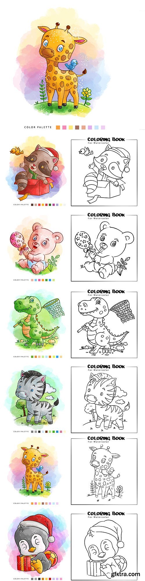Coloring nice animal watercolor illustrations