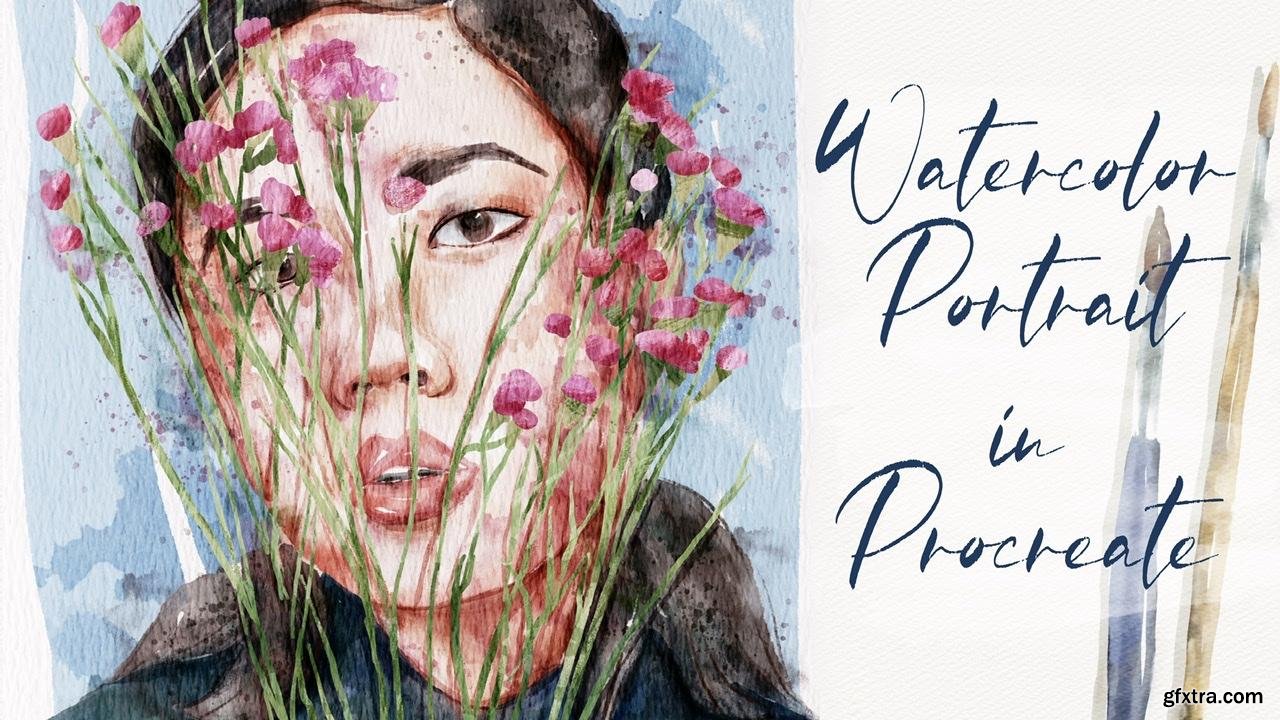 Painting Digital Watercolor Portrait in Procreate Girl with Flowers