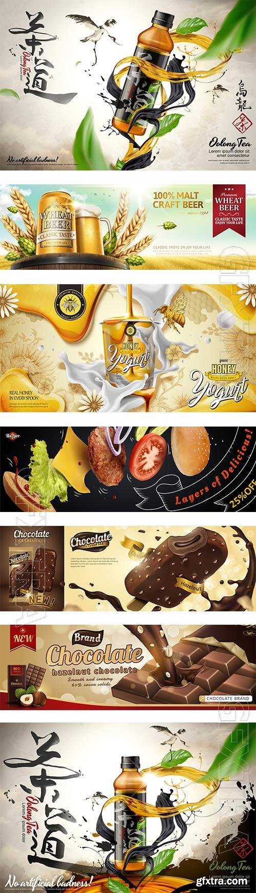 Food advertising posters with drinks and food in vector