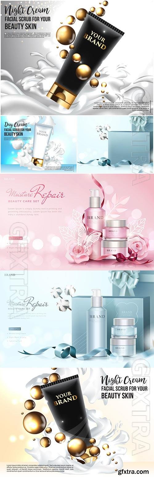 Brand cosmetics in packages in vector