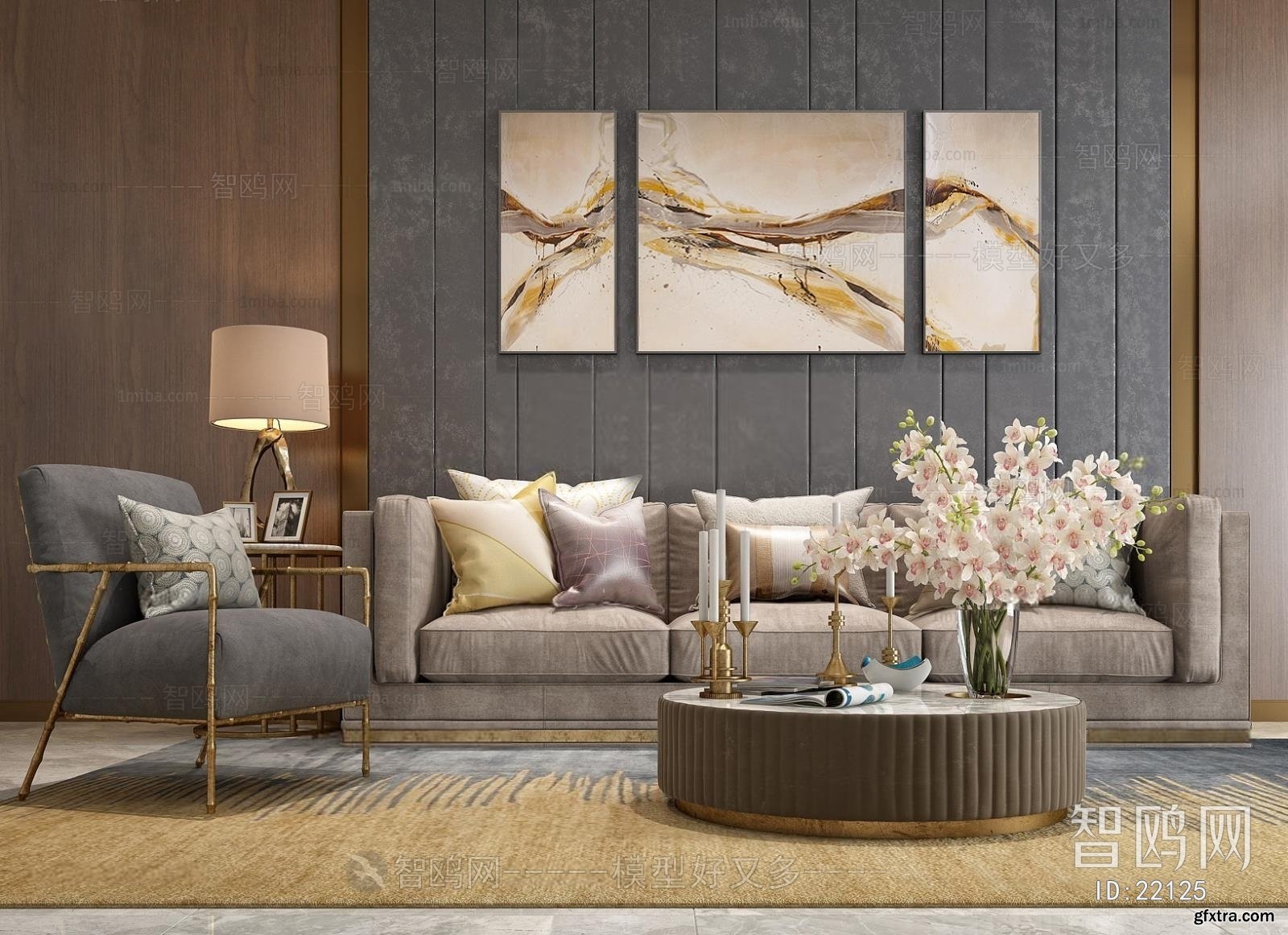 Modern threeseat sofa coffee table floral 3D model » GFxtra