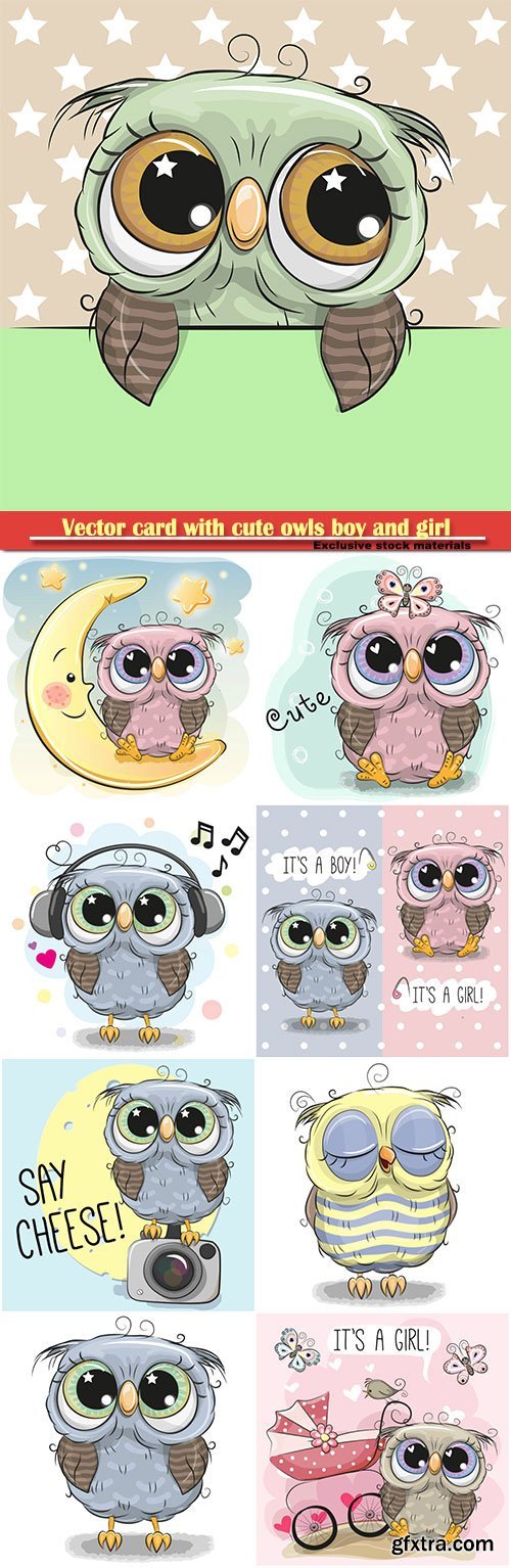Vector greeting card with cute owls boy and girl