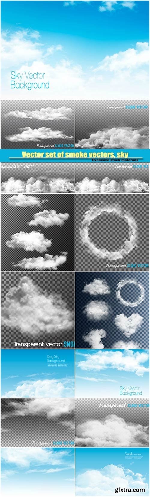 Vector set of smoke vectors, sky with clouds