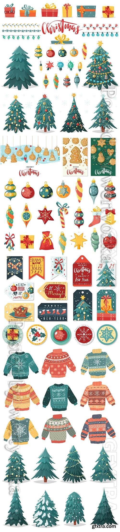 Christmas cartoon illustration, christmas tree with gifts in vector Christmas cartoon illustration, christmas tree with gifts in vector