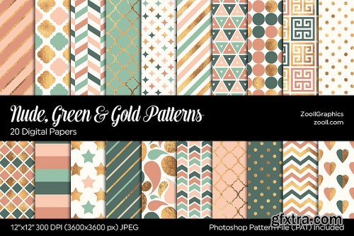 Nude, Green & Gold Digital Papers