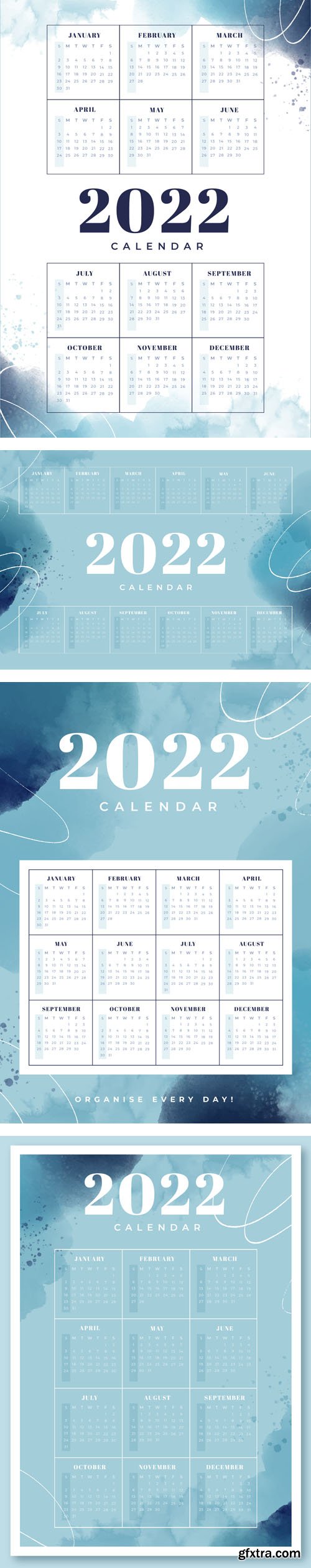 4 Watercolor Blue 2022 Calendars Vector Templates Collection