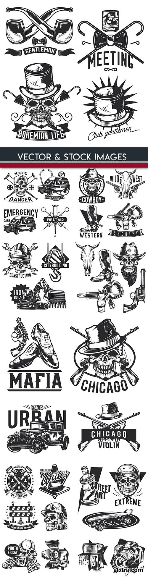 Skull and accessories grunge labet drawn design