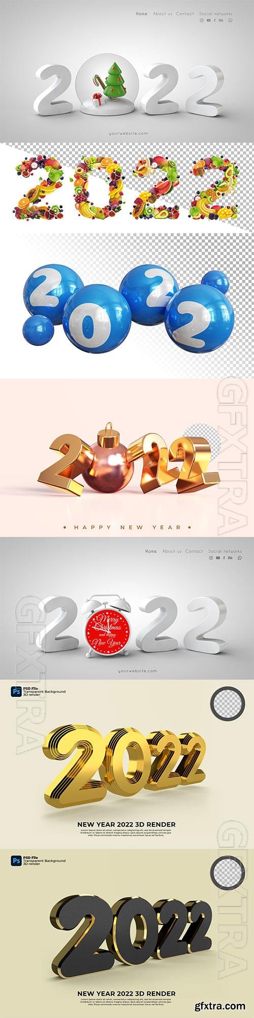 Happy new year 2022 3d rendering isolated on transparent background with psd