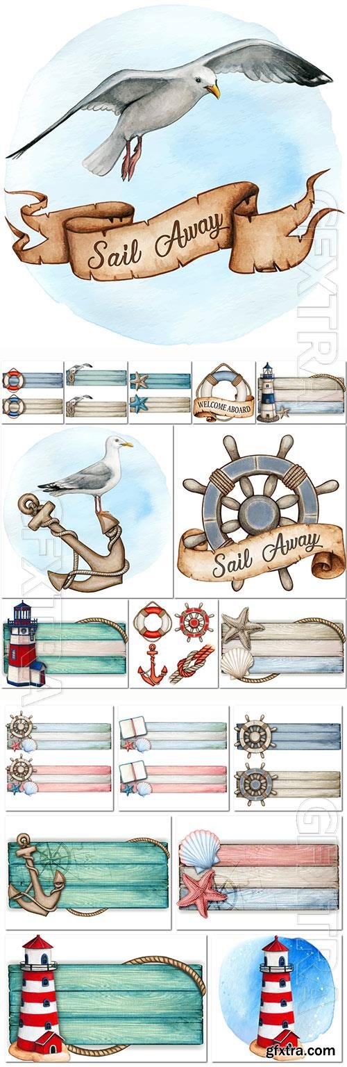 Watercolor Wooden Nautical Vintage Banners & Elements 18xEPS