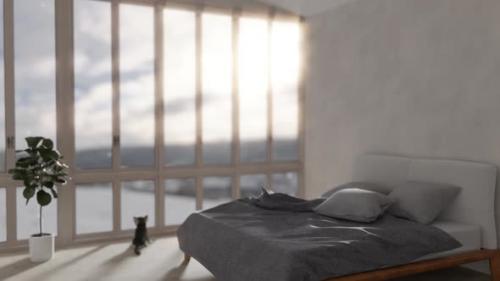 Videohive - DEFOCUSED LOOPED BACKGROUND Empty Bed in Modern Interior at Sunrise - 35249453 - 35249453