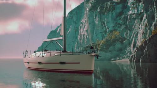 Videohive - Yacht in the Sea with Greeny Rocky Island - 35250645 - 35250645