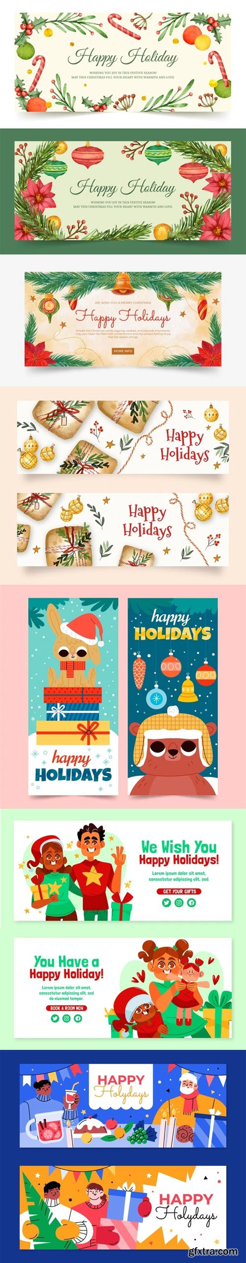 Hand Drawn Happy Holidays Banners Collection Vol.2 - 8 Vector Templates