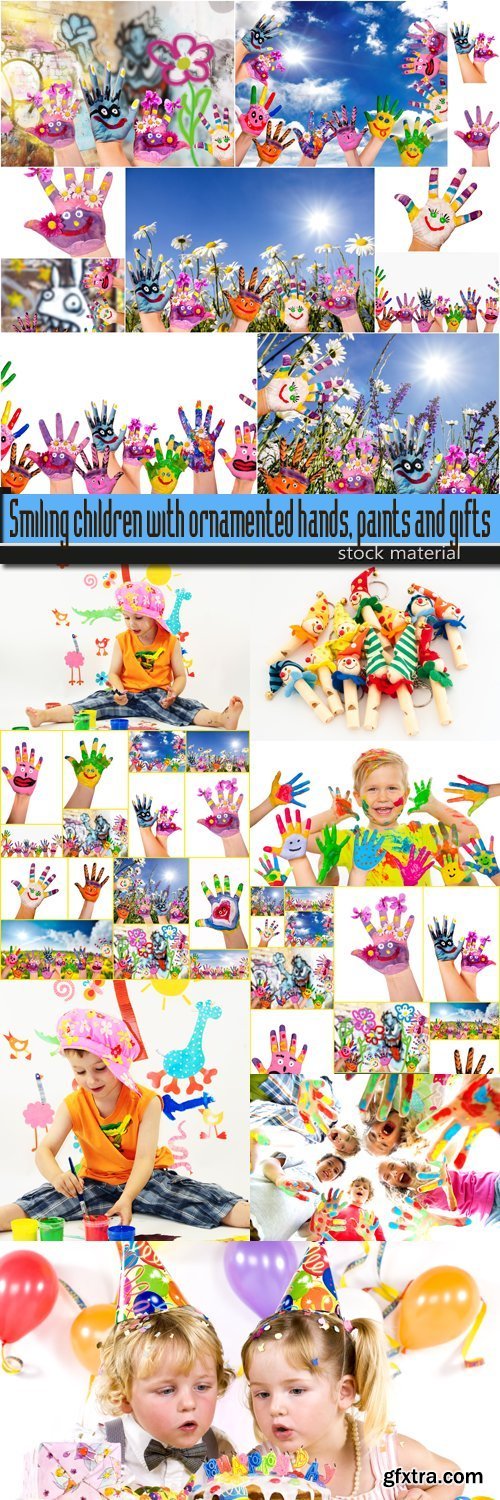 Smiling children with ornamented hands, paints and gifts