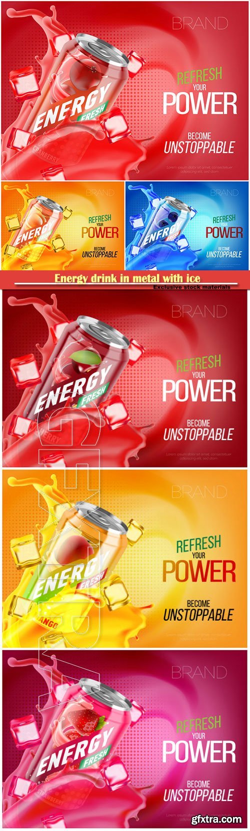 Energy drink in metal with ice and juice splash advertising vector banner