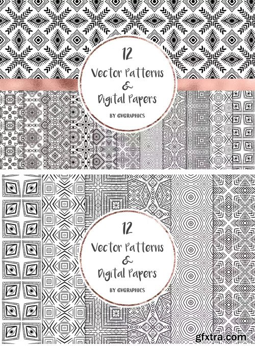 B&W Hand Drawn Patterns & Digital Papers Set - 12 Vector Patterns